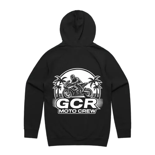 Black hoodie with 'GCR Moto Crew' graphic on the back against a white background