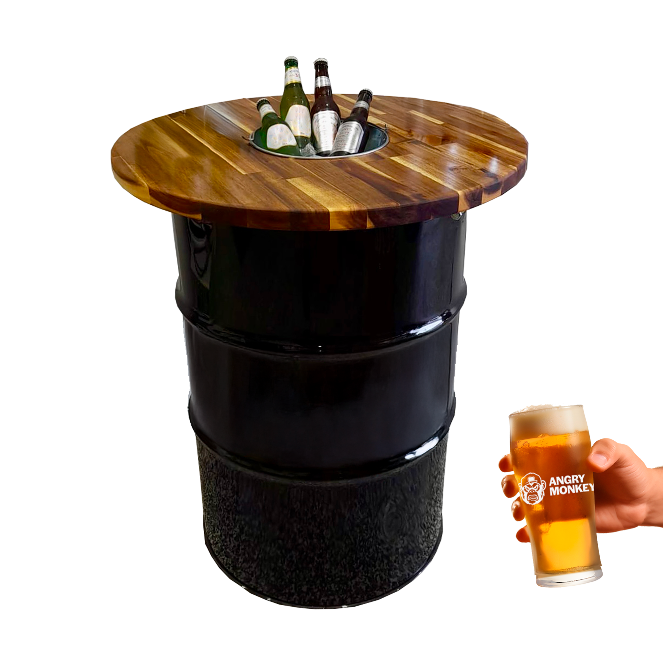 Custom Steel Barrel Table + FREE Angry Monkey Glassware