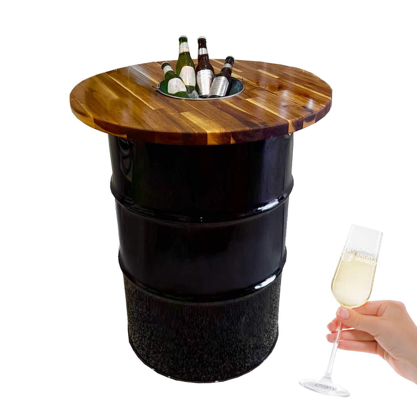 Custom Steel Barrel Table + FREE Angry Monkey Glassware
