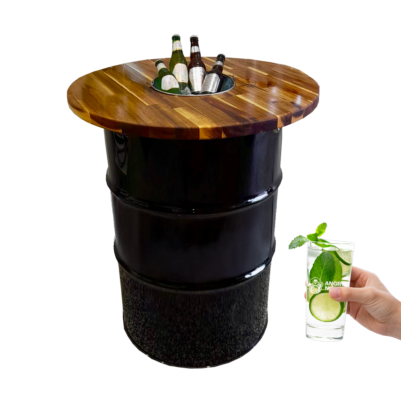 Custom Steel Barrel Table + FREE Angry Monkey Glassware