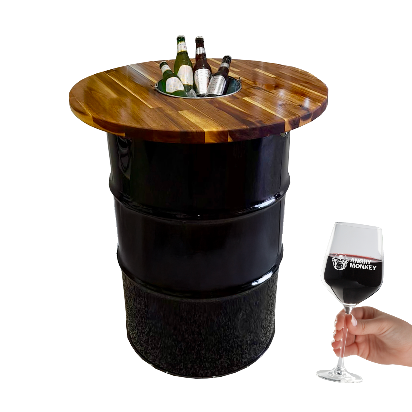 Custom Steel Barrel Table + FREE Angry Monkey Glassware