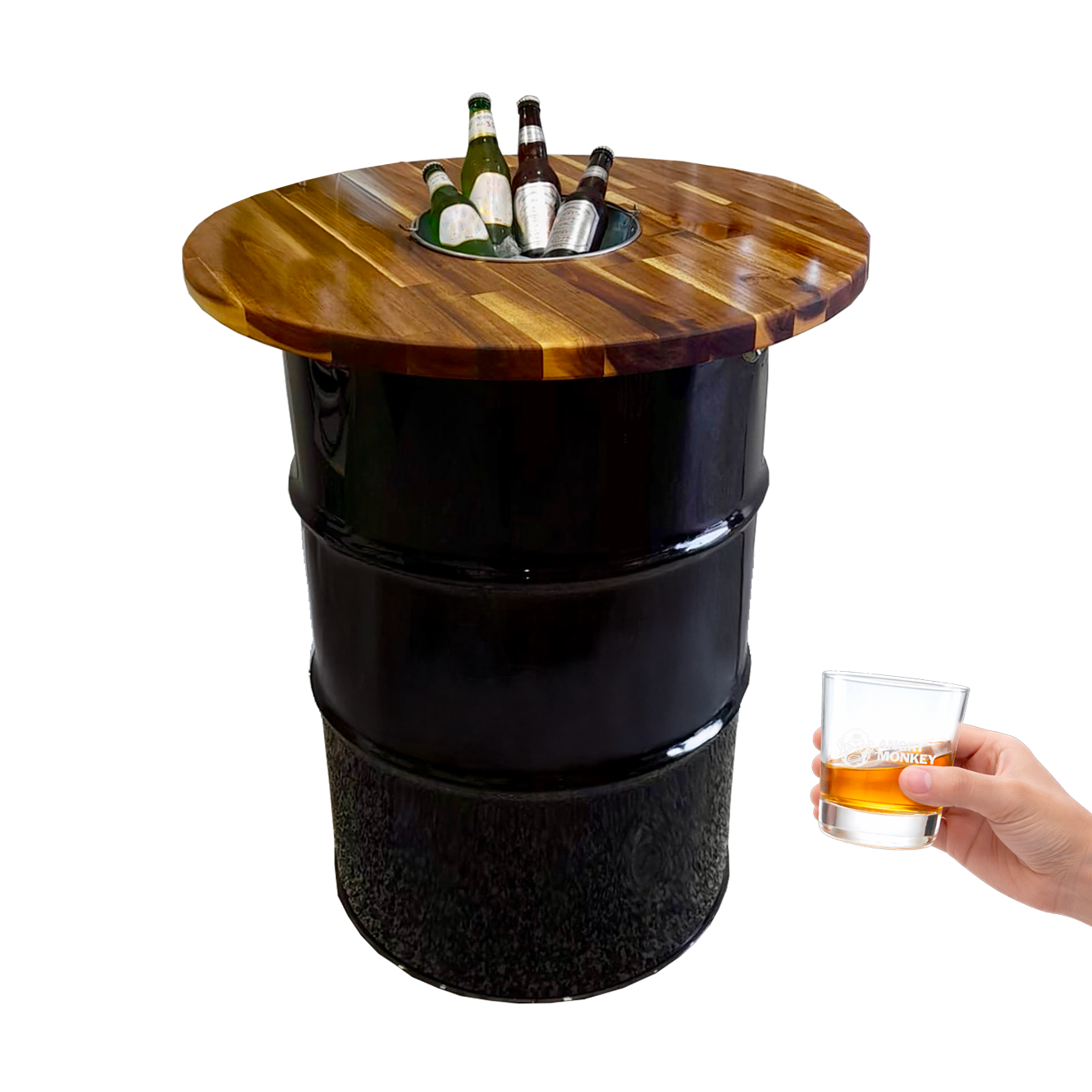 Custom Steel Barrel Table + FREE Angry Monkey Glassware