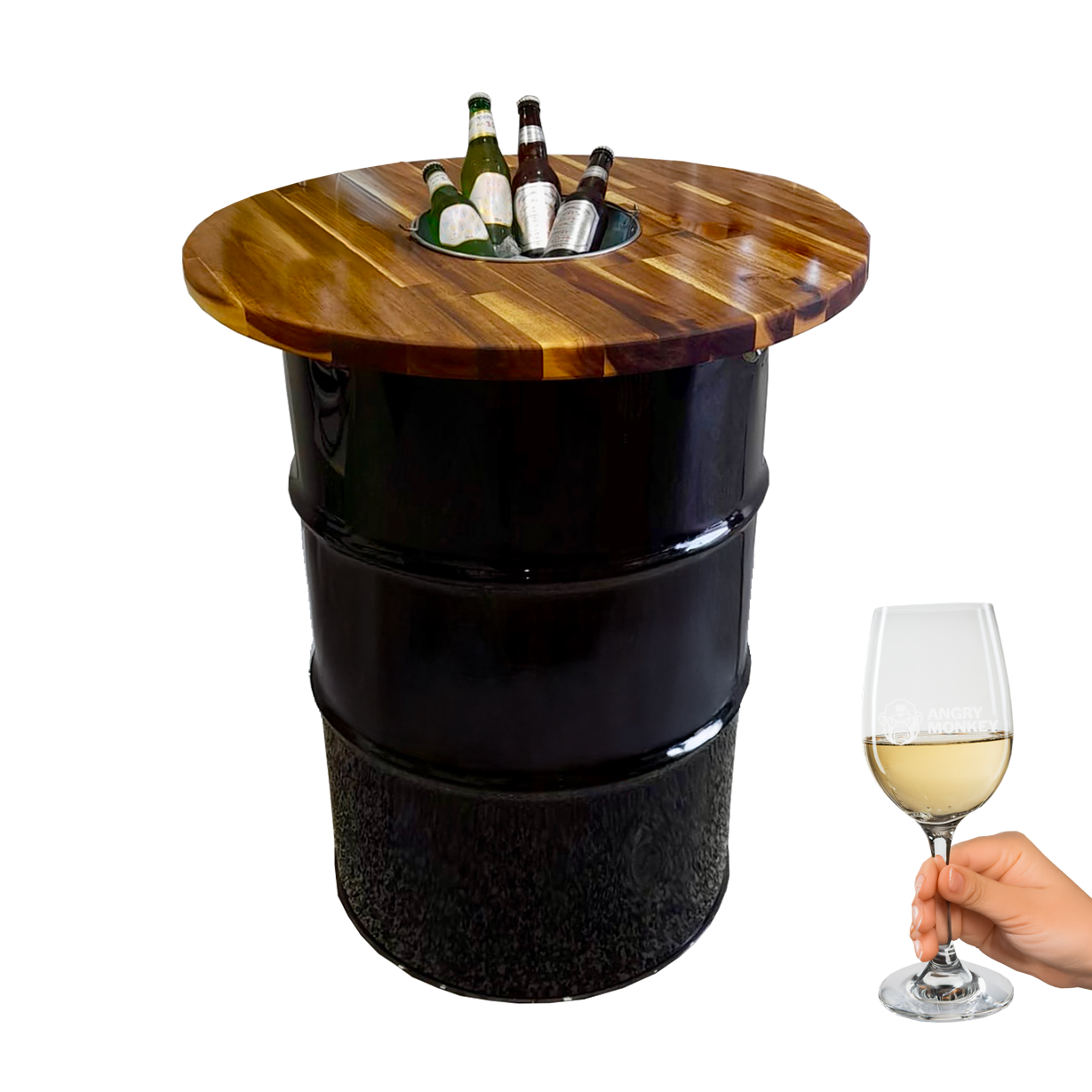 Custom Steel Barrel Table + FREE Angry Monkey Glassware