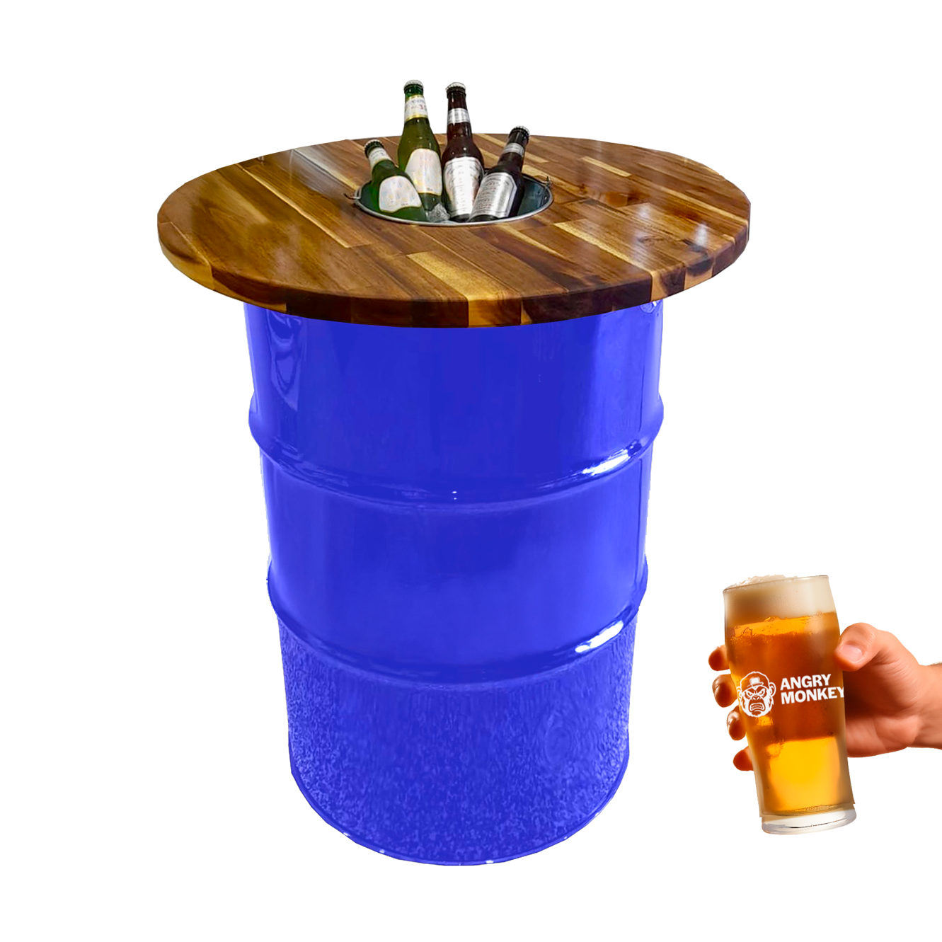 Custom Steel Barrel Table + FREE Angry Monkey Glassware