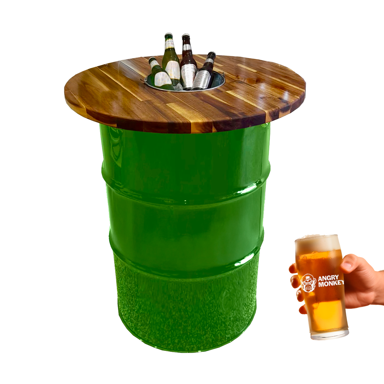 Custom Steel Barrel Table + FREE Angry Monkey Glassware