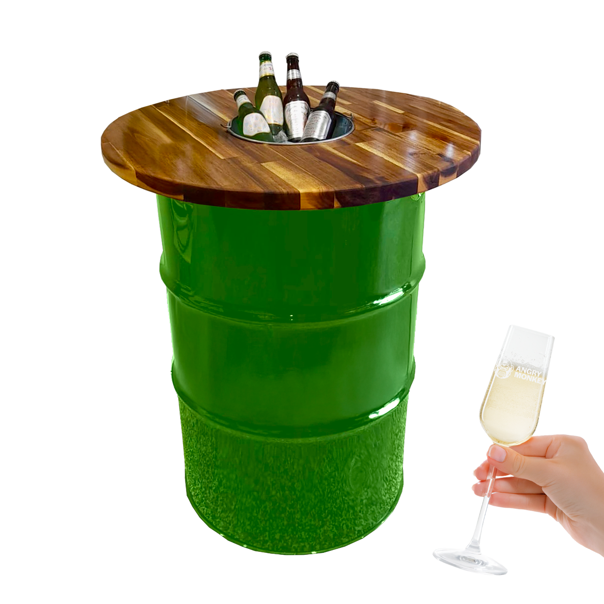 Custom Steel Barrel Table + FREE Angry Monkey Glassware