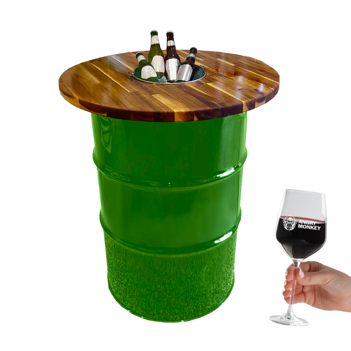 Custom Steel Barrel Table + FREE Angry Monkey Glassware