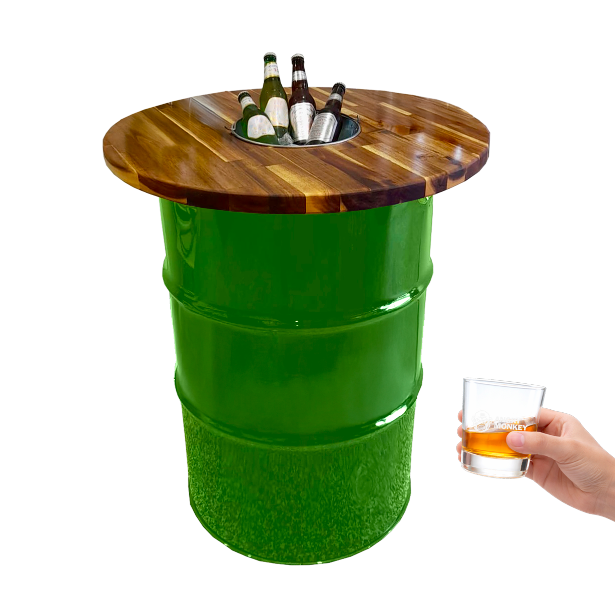 Custom Steel Barrel Table + FREE Angry Monkey Glassware