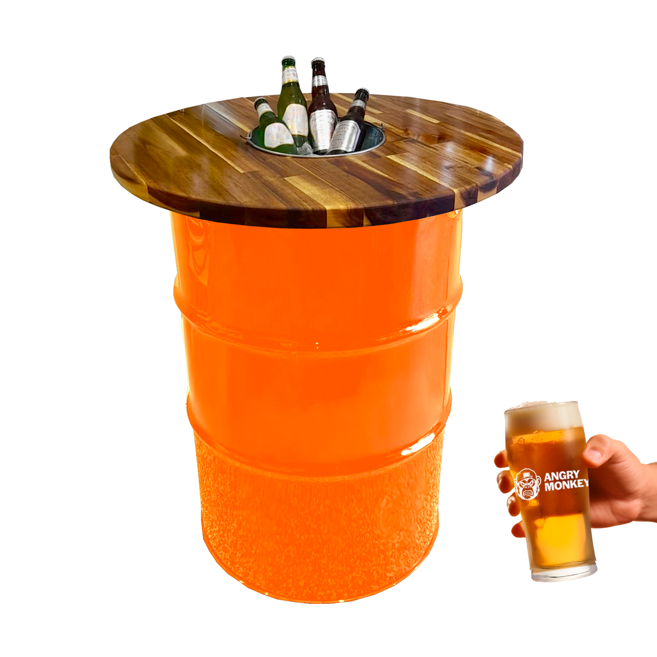 Custom Steel Barrel Table + FREE Angry Monkey Glassware