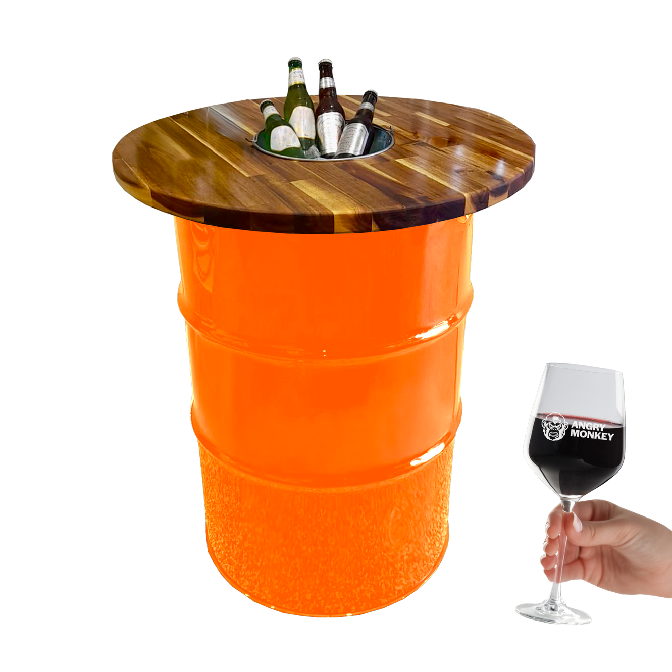 Custom Steel Barrel Table + FREE Angry Monkey Glassware