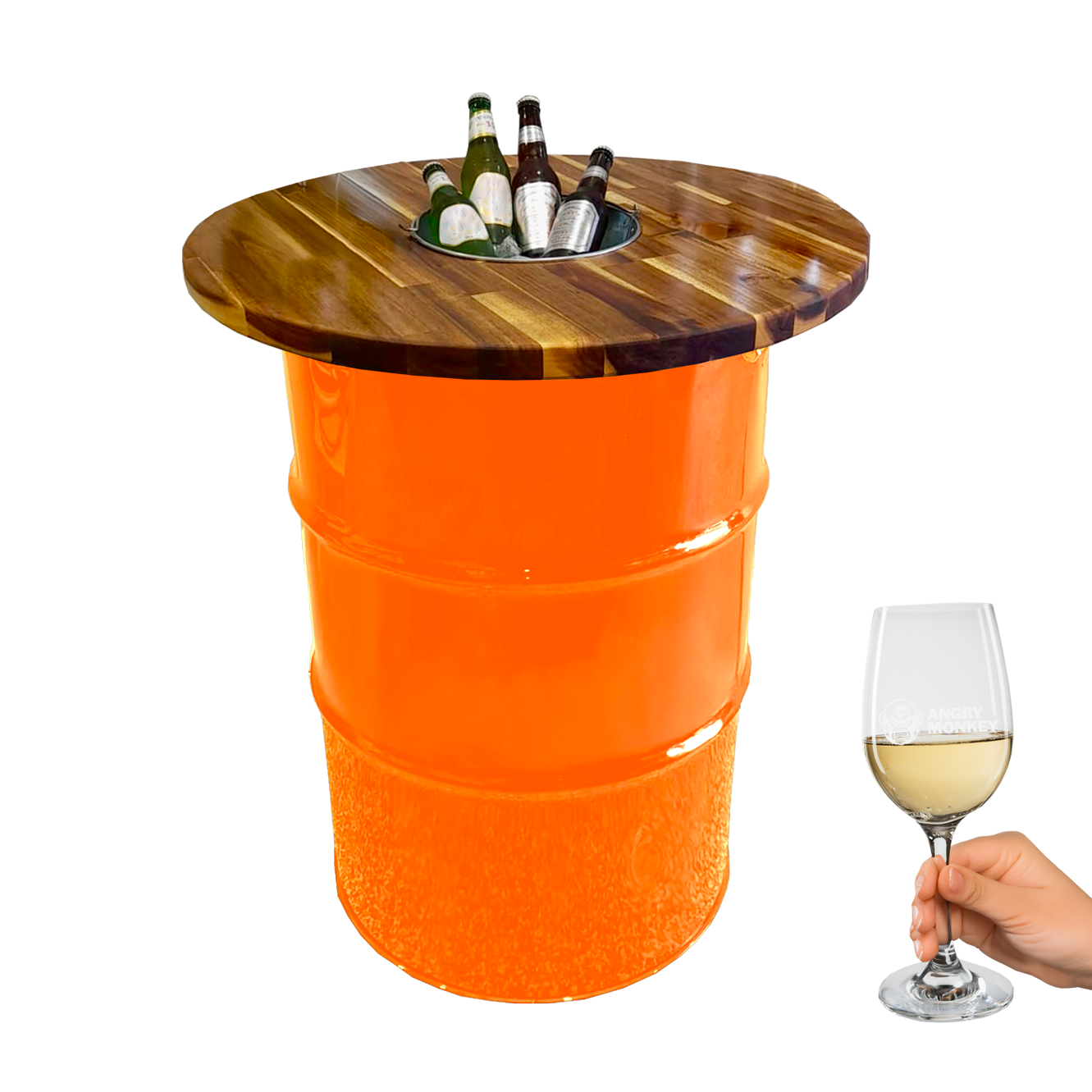 Custom Steel Barrel Table + FREE Angry Monkey Glassware