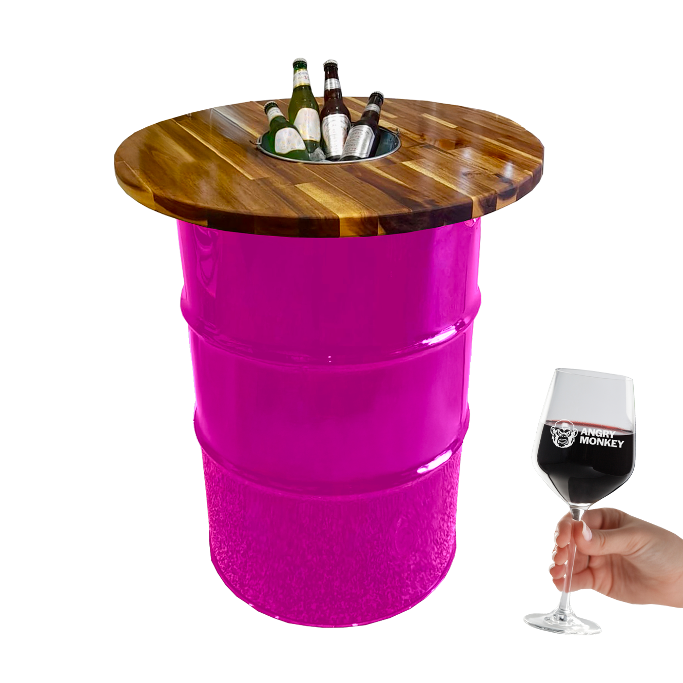 Custom Steel Barrel Table + FREE Angry Monkey Glassware