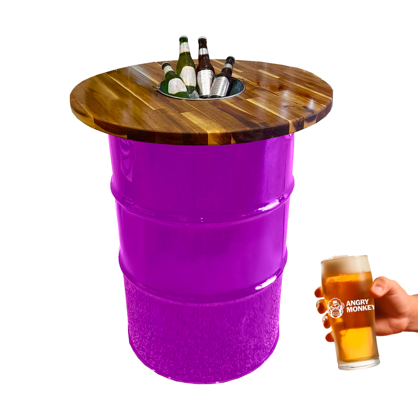 Custom Steel Barrel Table + FREE Angry Monkey Glassware