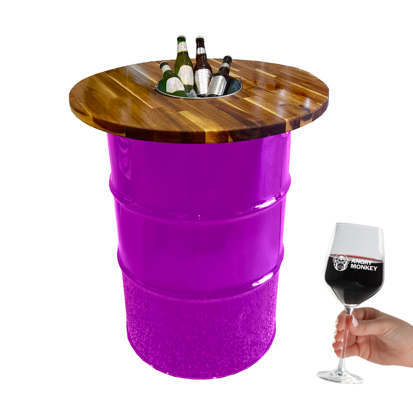 Custom Steel Barrel Table + FREE Angry Monkey Glassware