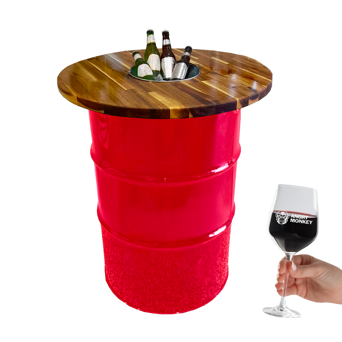 Custom Steel Barrel Table + FREE Angry Monkey Glassware