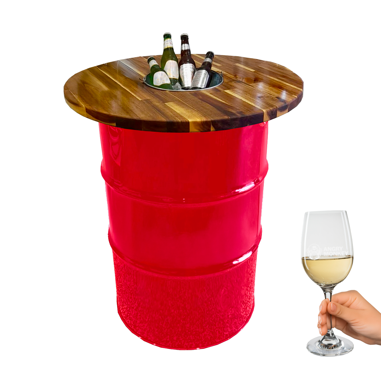 Custom Steel Barrel Table + FREE Angry Monkey Glassware