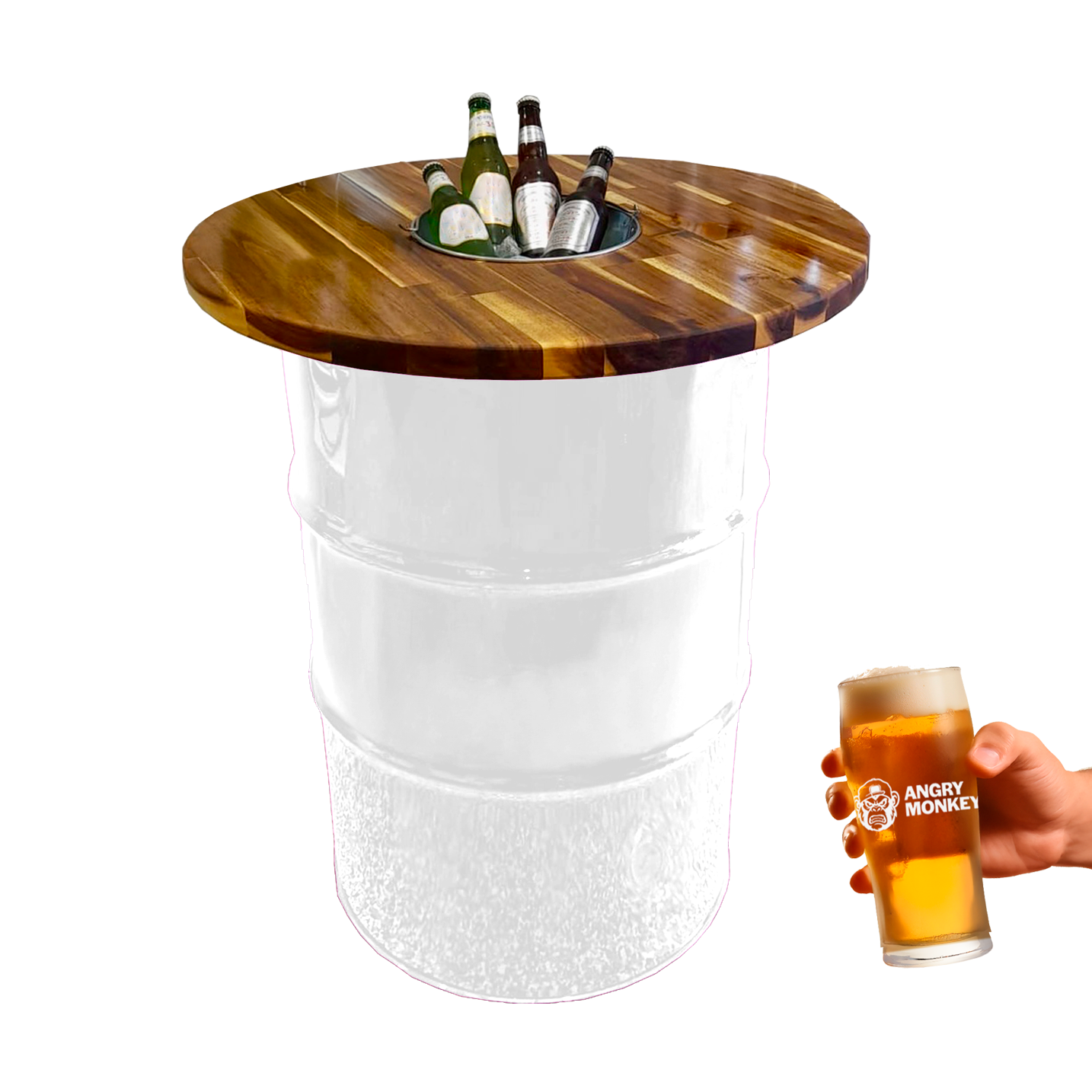 Custom Steel Barrel Table + FREE Angry Monkey Glassware