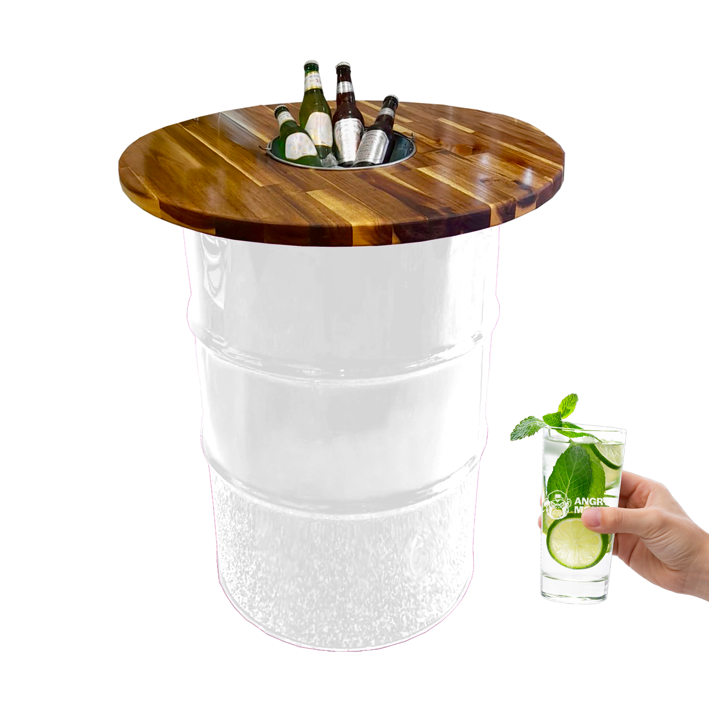 Custom Steel Barrel Table + FREE Angry Monkey Glassware