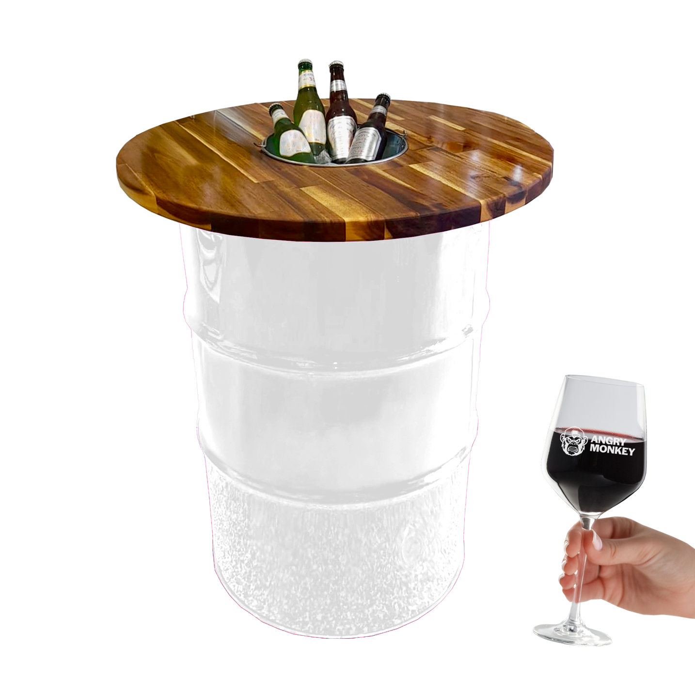 Custom Steel Barrel Table + FREE Angry Monkey Glassware