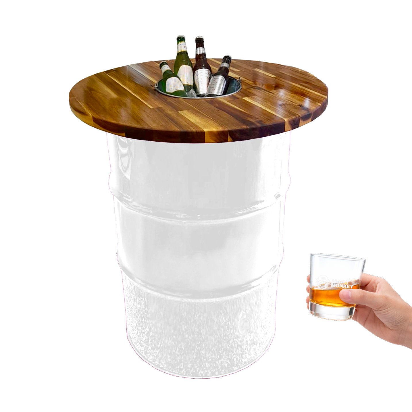 Custom Steel Barrel Table + FREE Angry Monkey Glassware