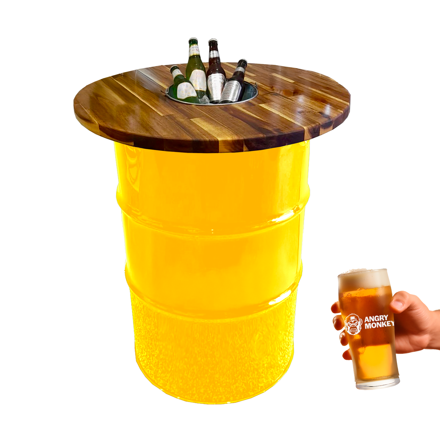 Custom Steel Barrel Table + FREE Angry Monkey Glassware
