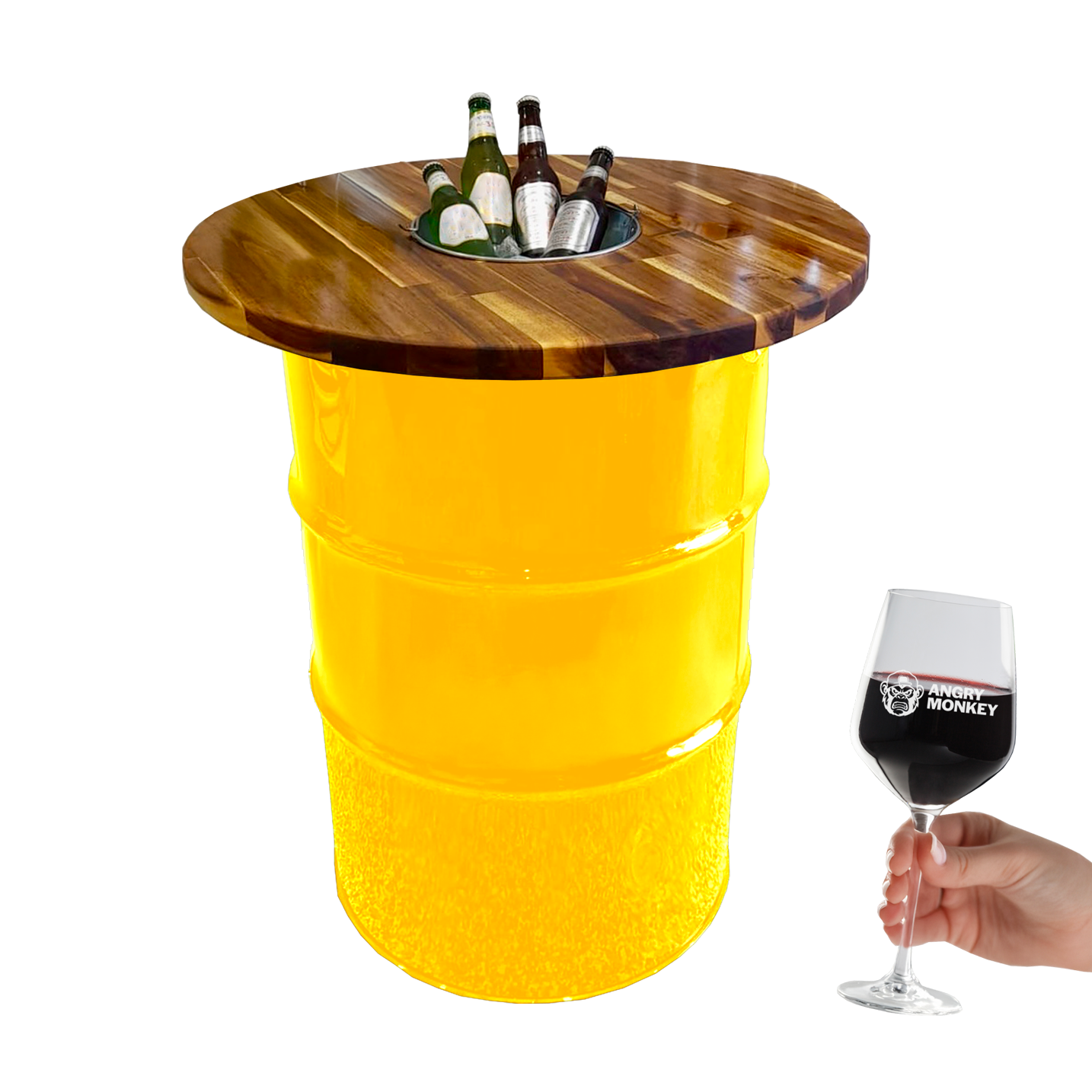 Custom Steel Barrel Table + FREE Angry Monkey Glassware