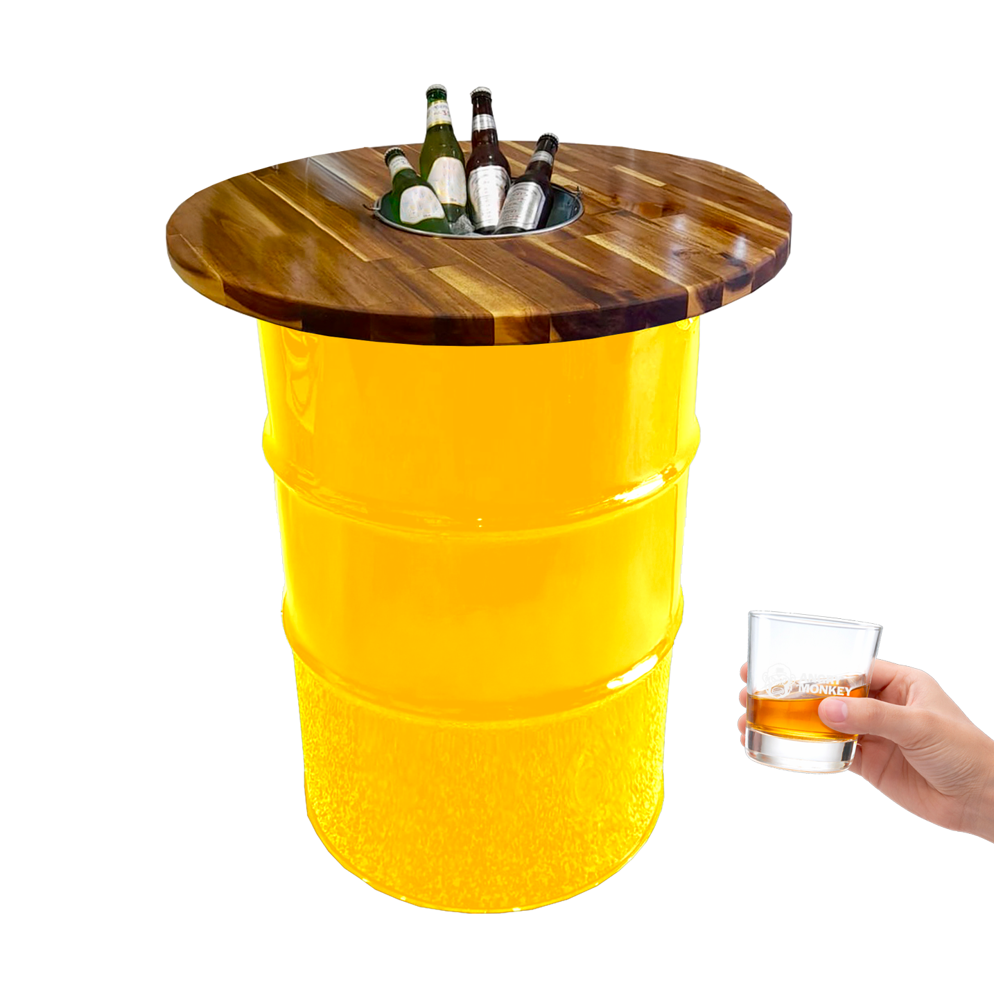 Custom Steel Barrel Table + FREE Angry Monkey Glassware