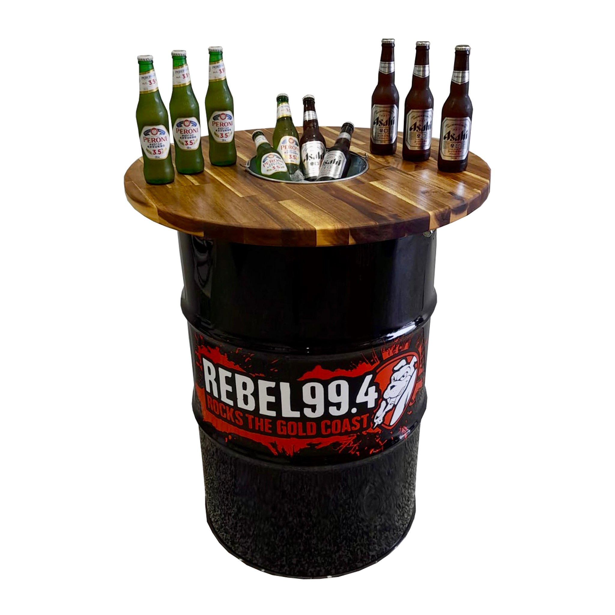Custom Steel Barrel Table + FREE Angry Monkey Glassware