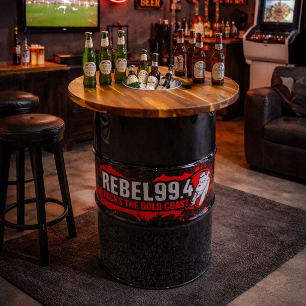 Custom Steel Barrel Table + FREE Angry Monkey Glassware