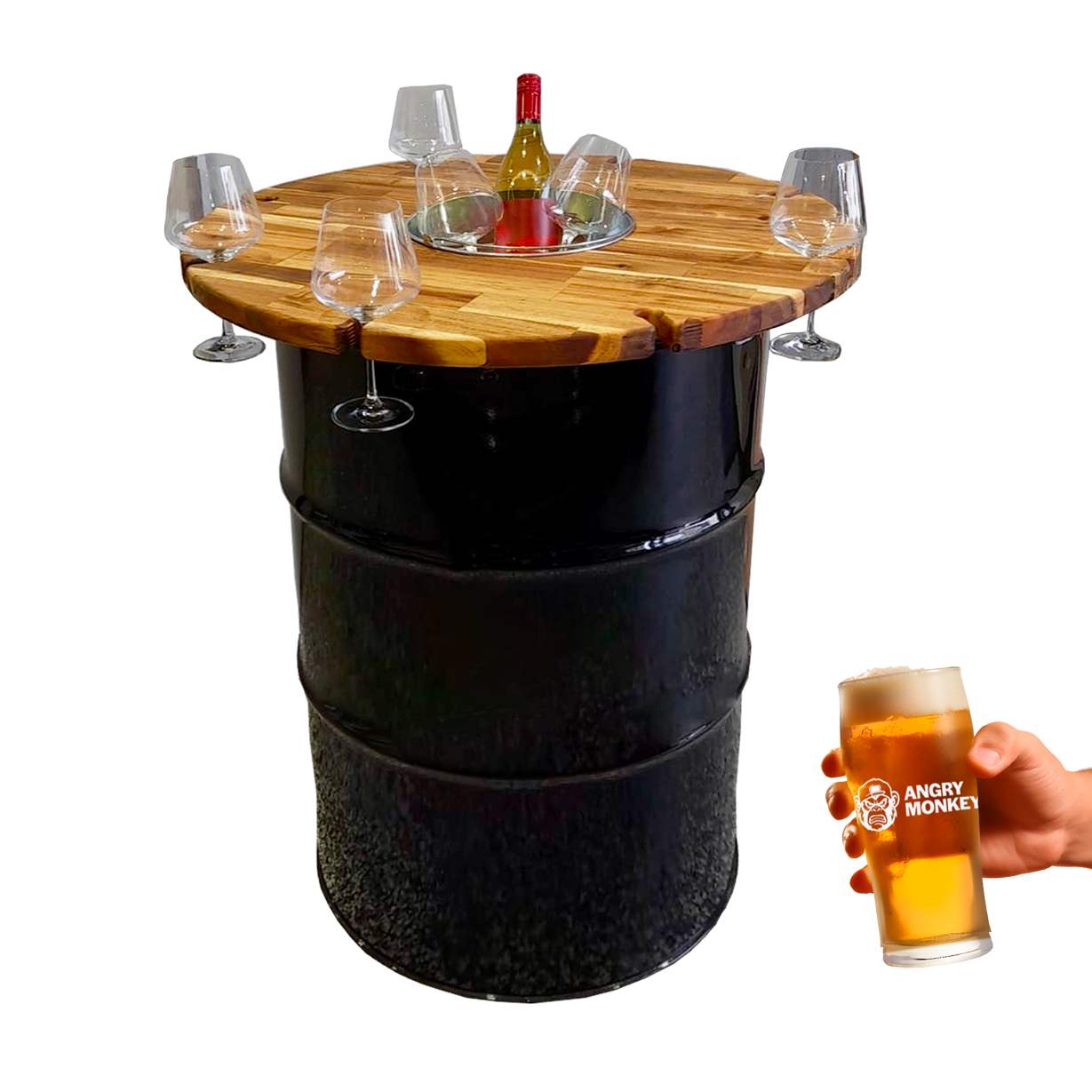 Custom Steel Barrel Table + FREE Angry Monkey Glassware