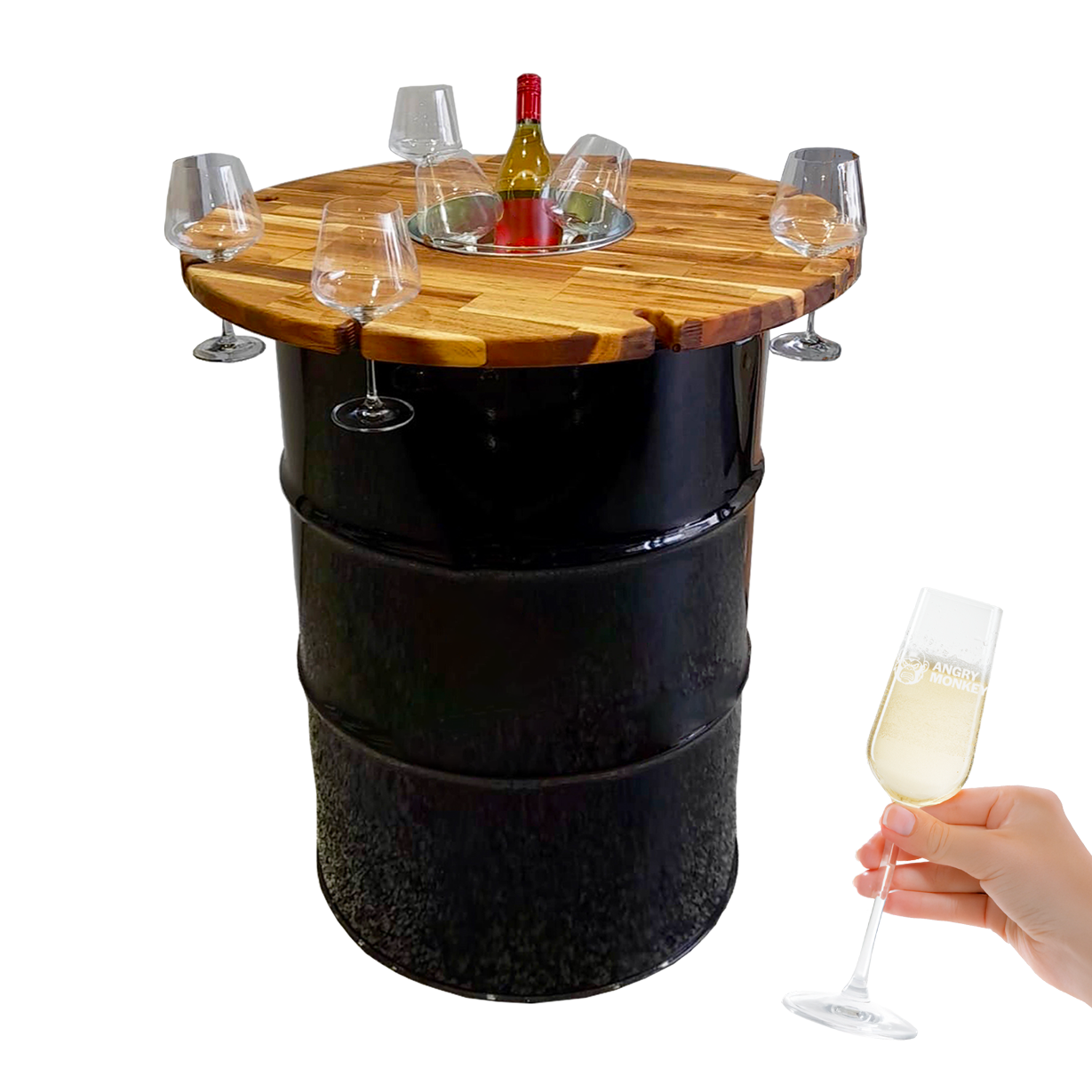 Custom Steel Barrel Table + FREE Angry Monkey Glassware