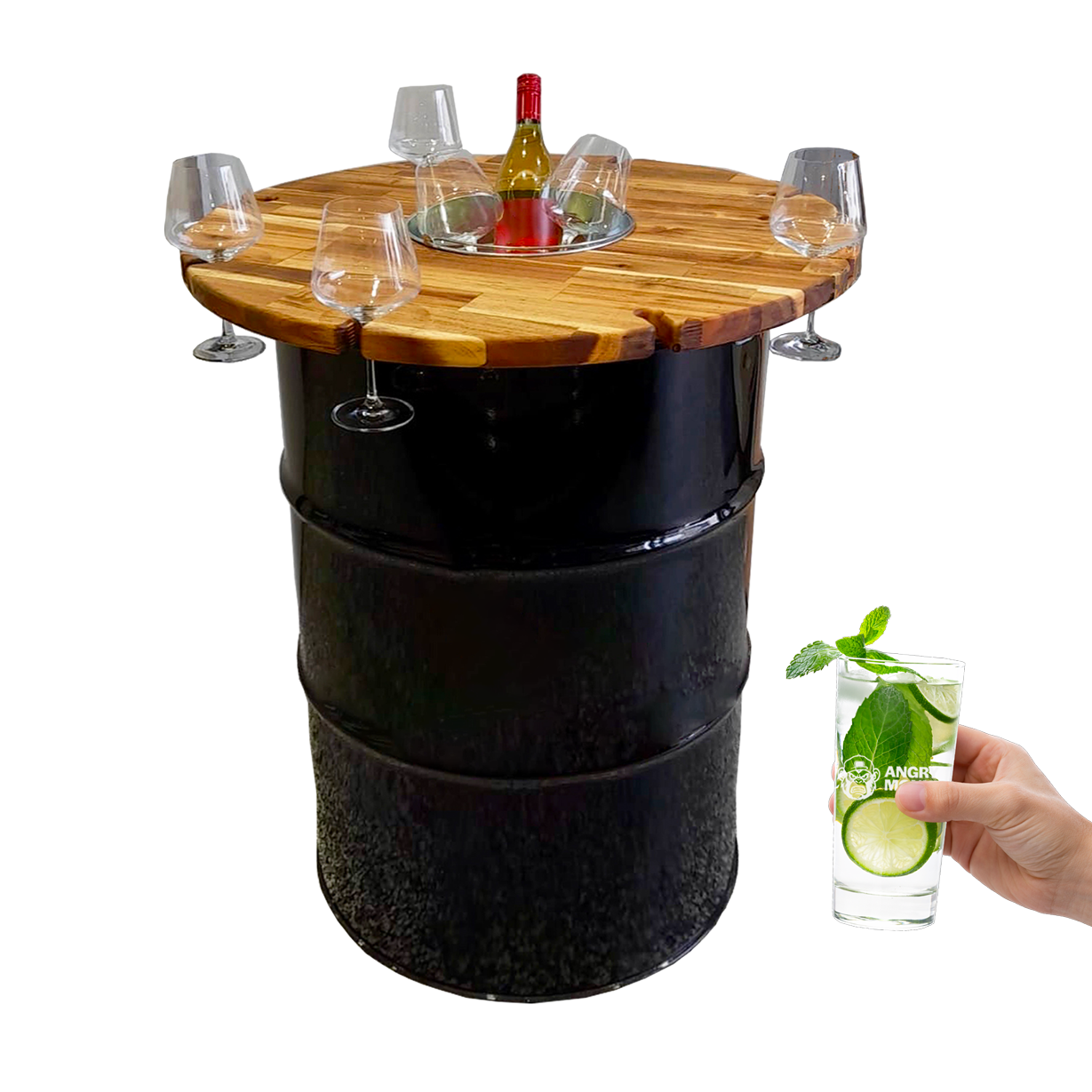 Custom Steel Barrel Table + FREE Angry Monkey Glassware