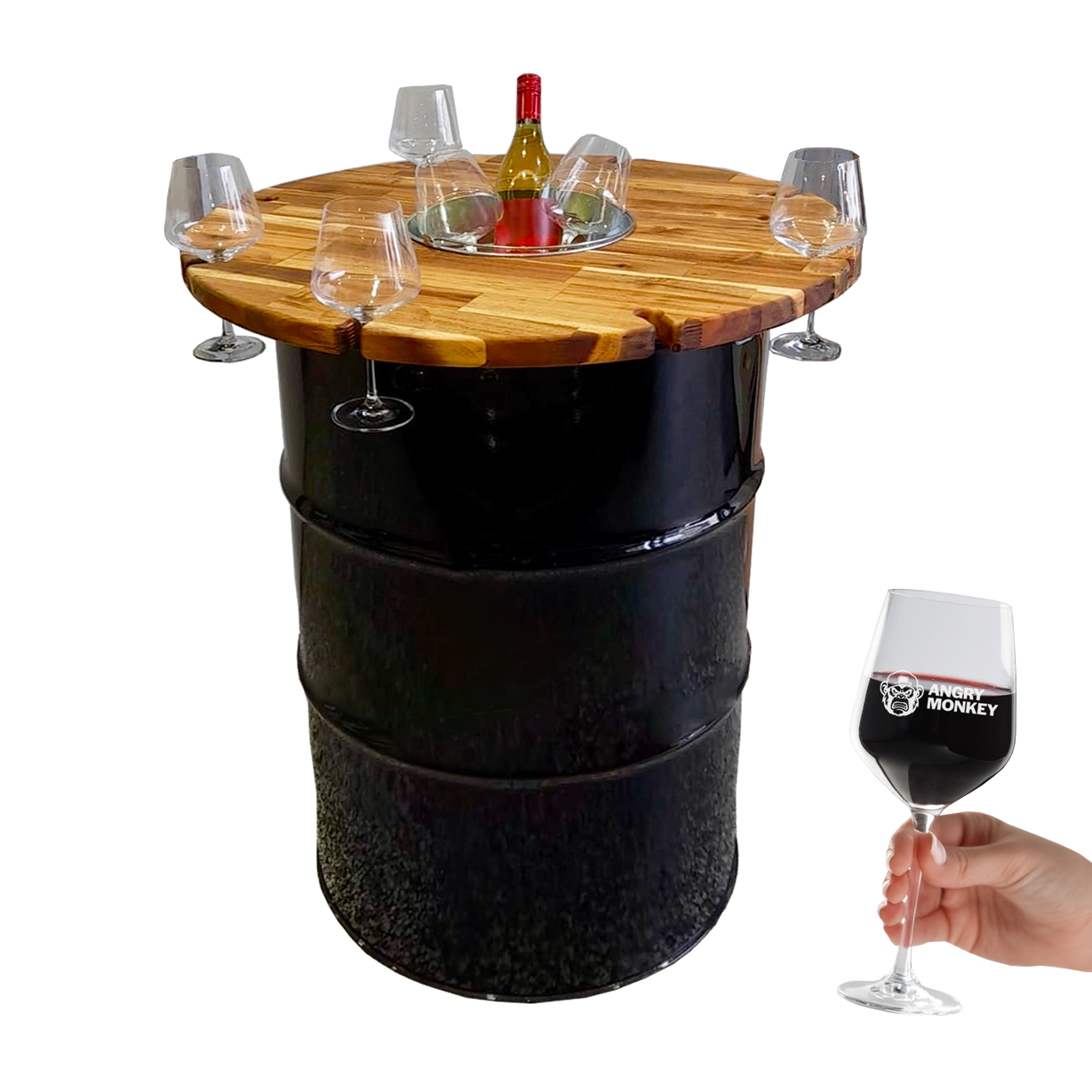 Custom Steel Barrel Table + FREE Angry Monkey Glassware