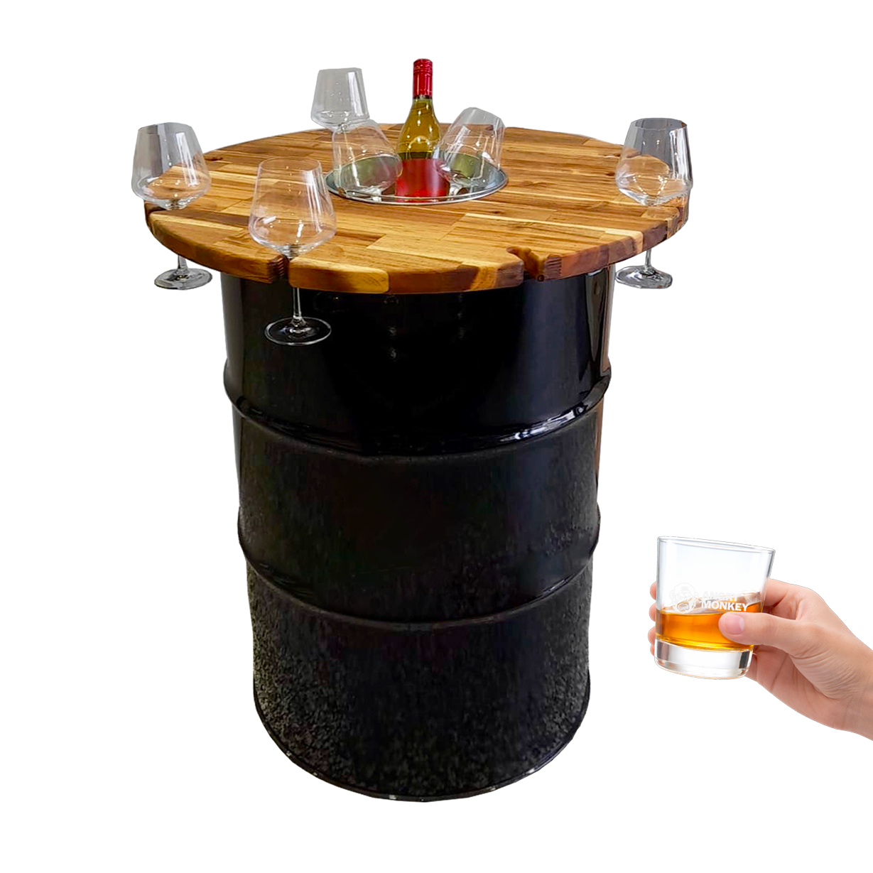 Custom Steel Barrel Table + FREE Angry Monkey Glassware