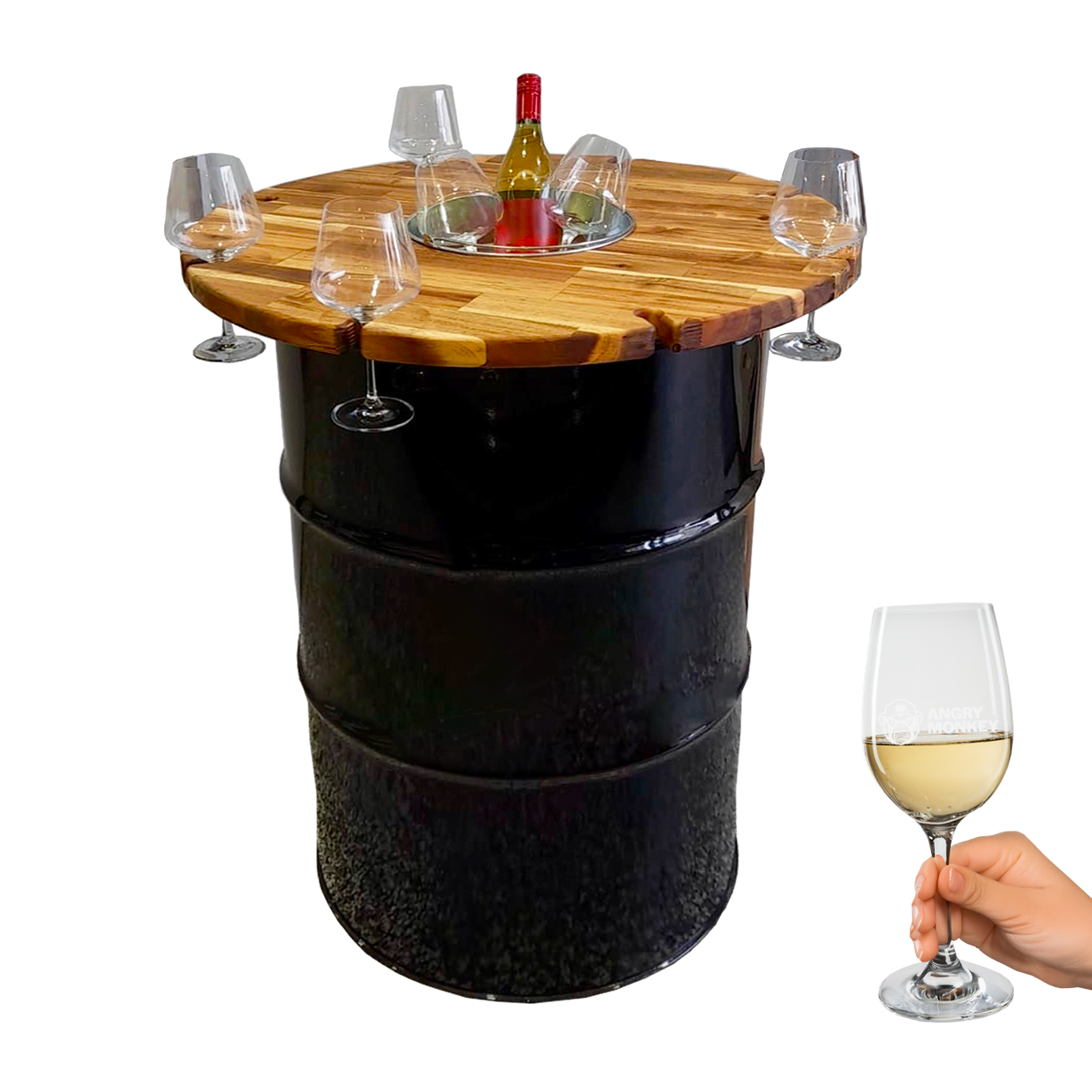 Custom Steel Barrel Table + FREE Angry Monkey Glassware
