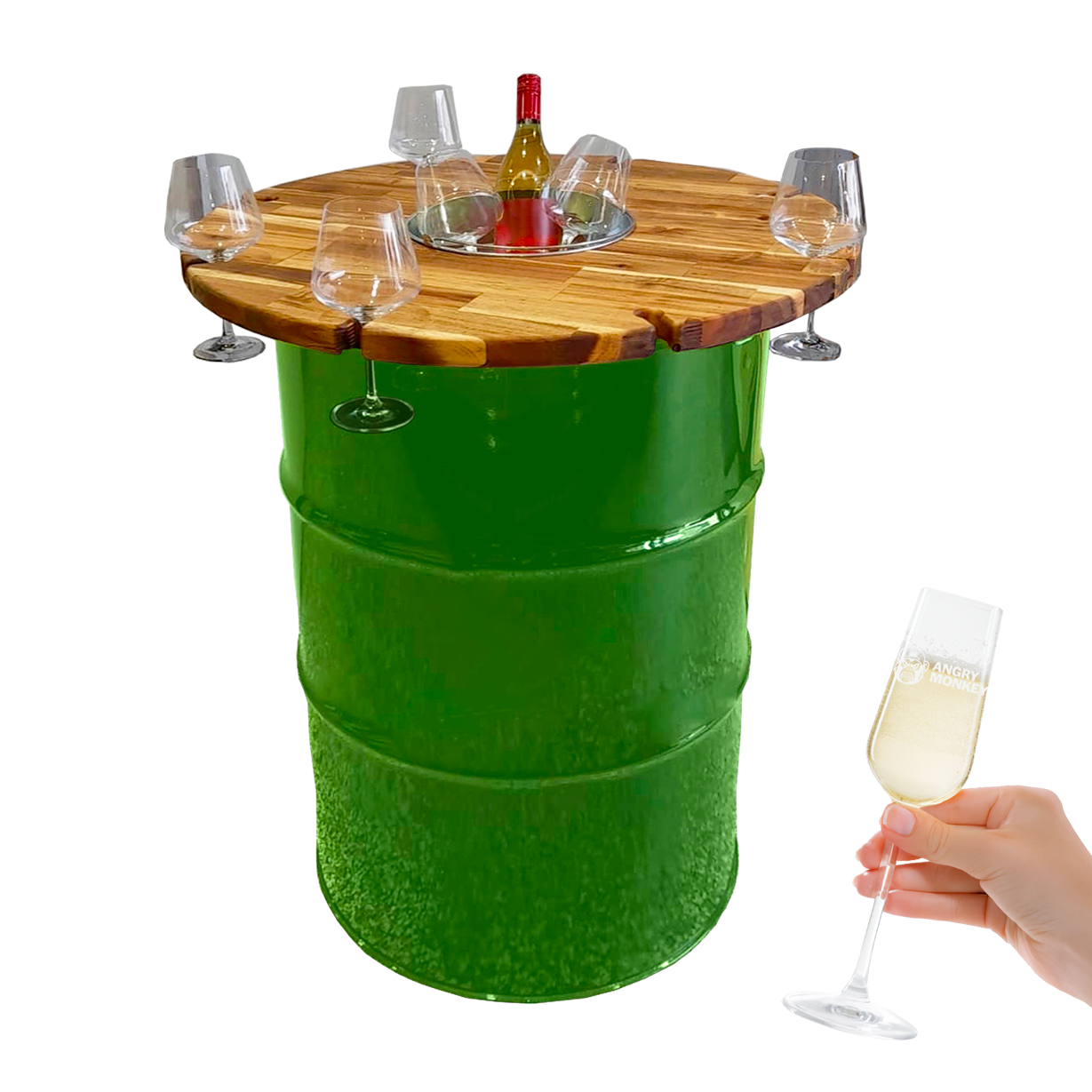 Custom Steel Barrel Table + FREE Angry Monkey Glassware