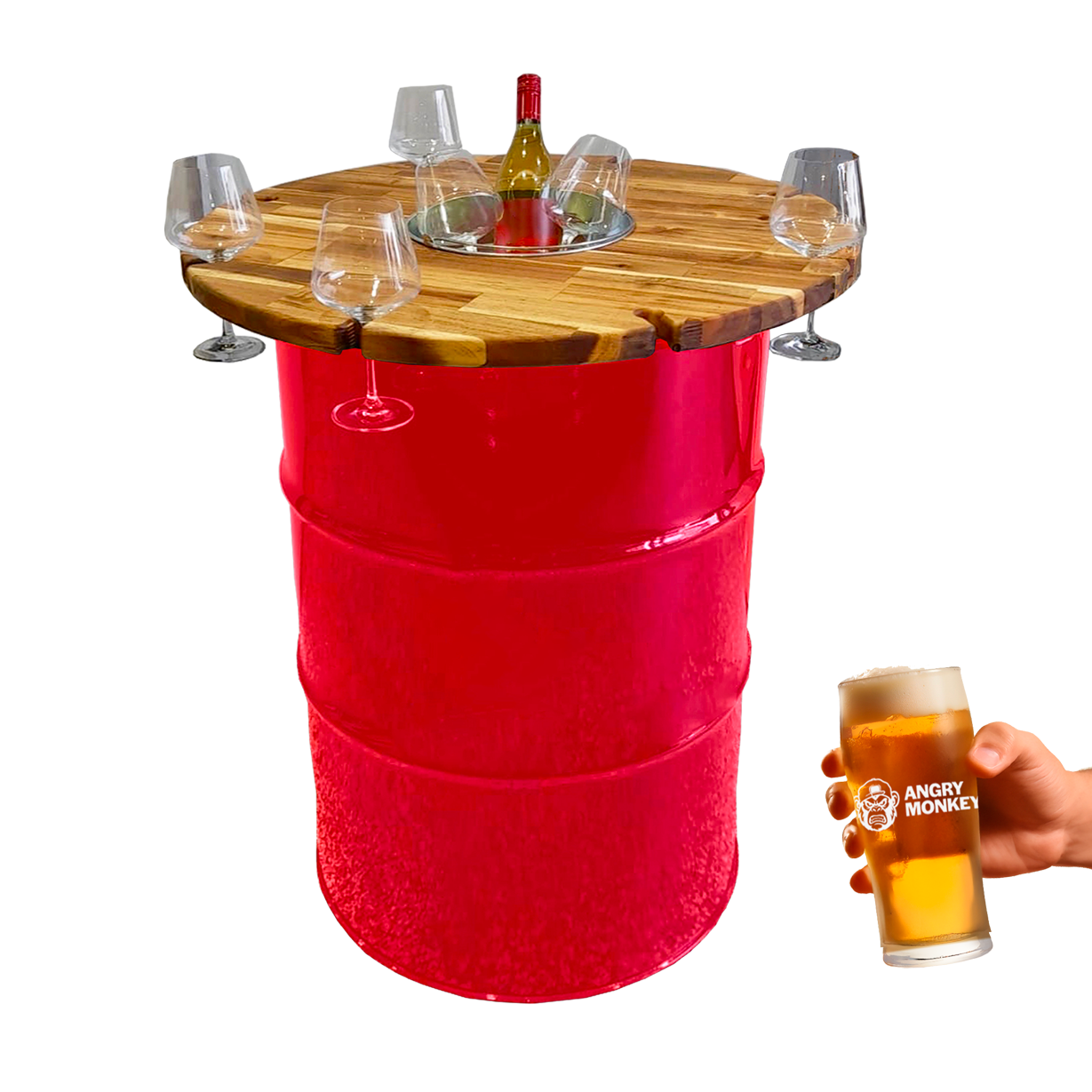 Custom Steel Barrel Table + FREE Angry Monkey Glassware