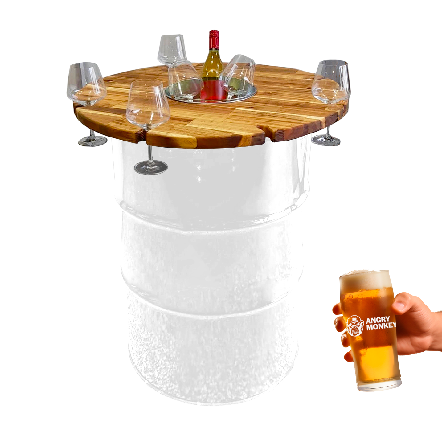 Custom Steel Barrel Table + FREE Angry Monkey Glassware