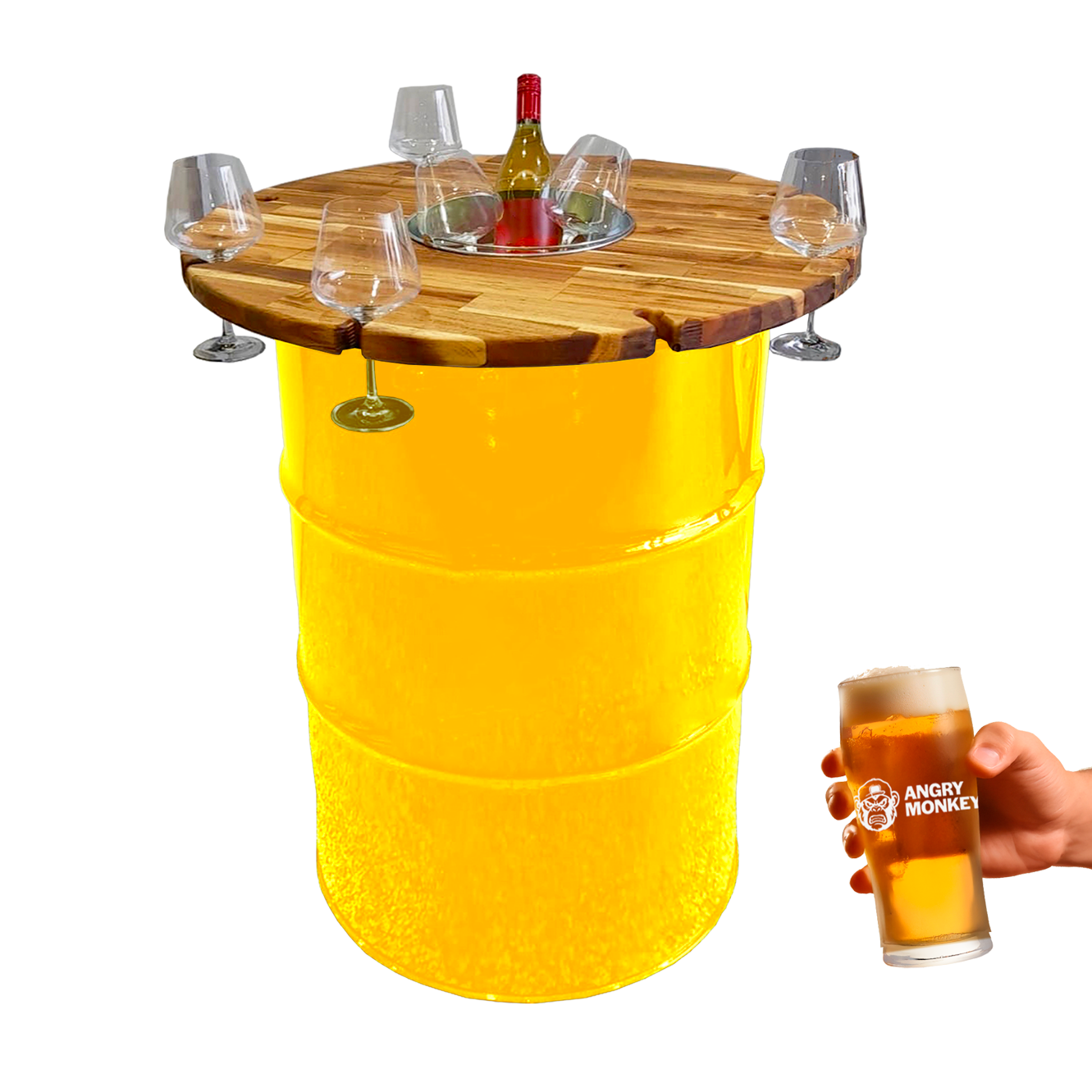 Custom Steel Barrel Table + FREE Angry Monkey Glassware