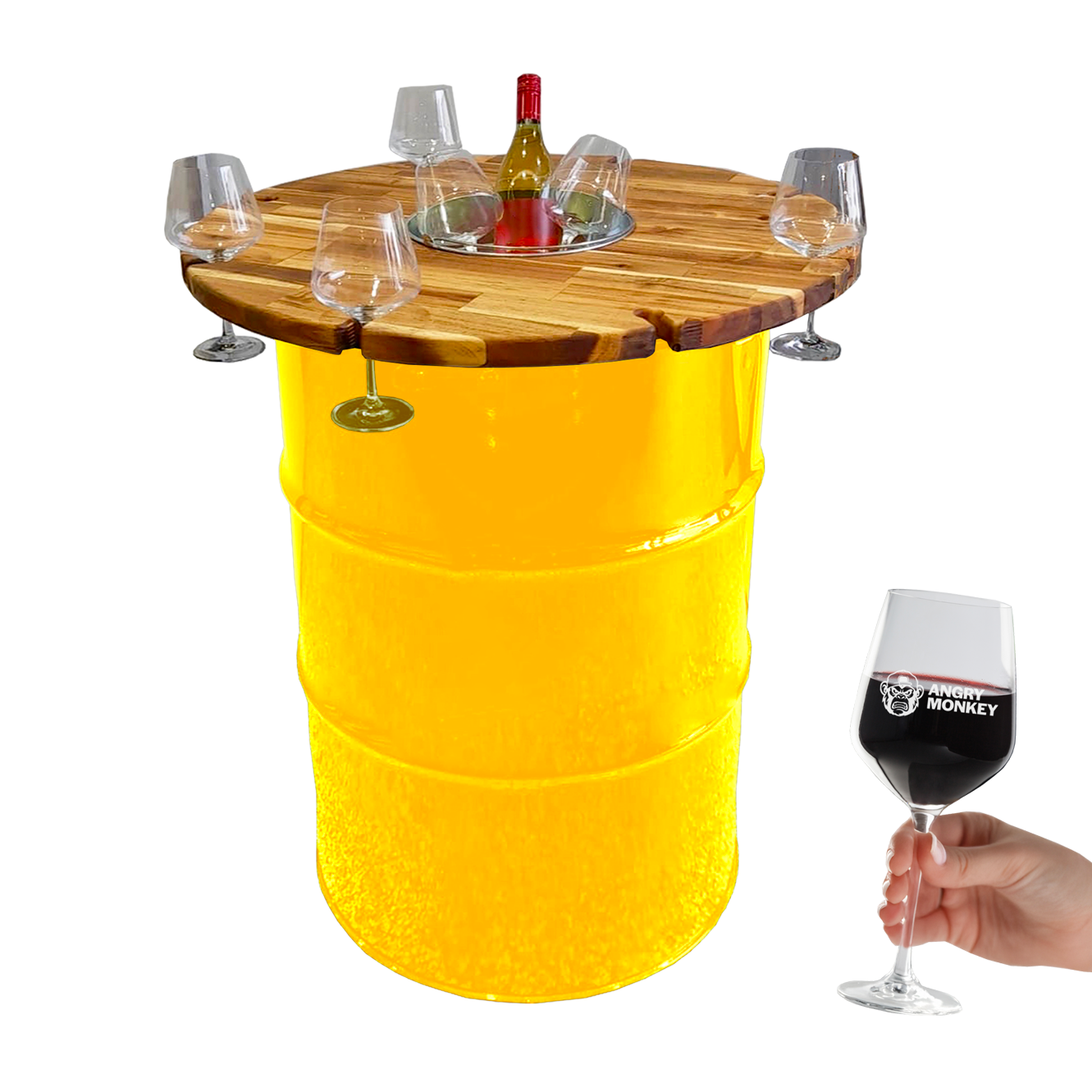 Custom Steel Barrel Table + FREE Angry Monkey Glassware