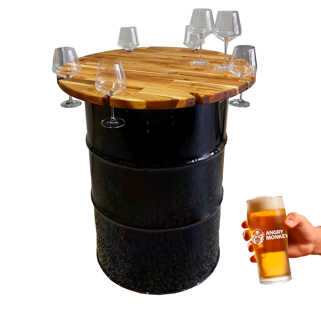 Custom Steel Barrel Table + FREE Angry Monkey Glassware