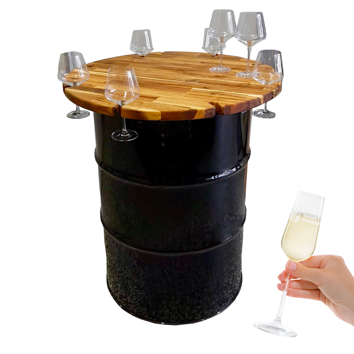 Custom Steel Barrel Table + FREE Angry Monkey Glassware