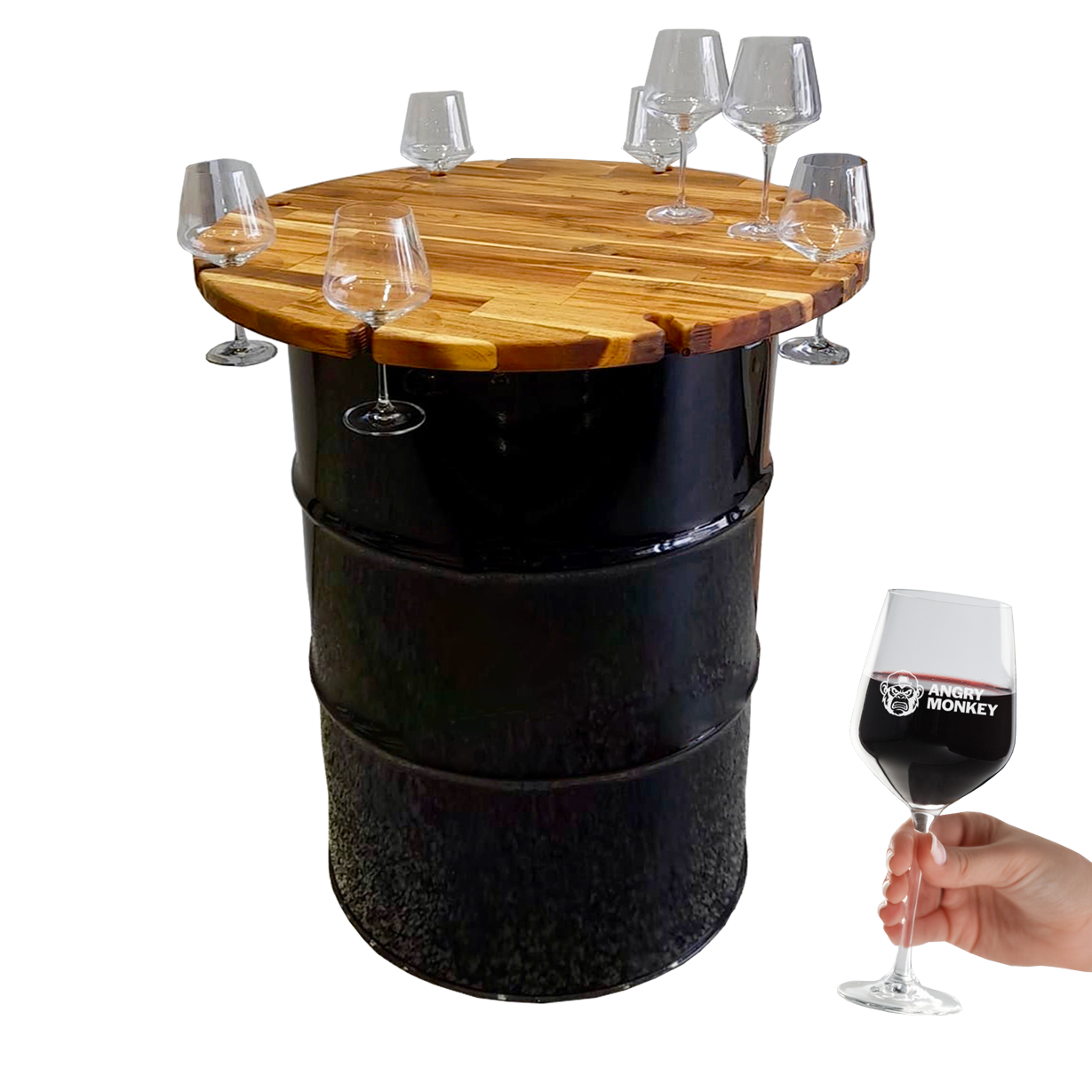 Custom Steel Barrel Table + FREE Angry Monkey Glassware
