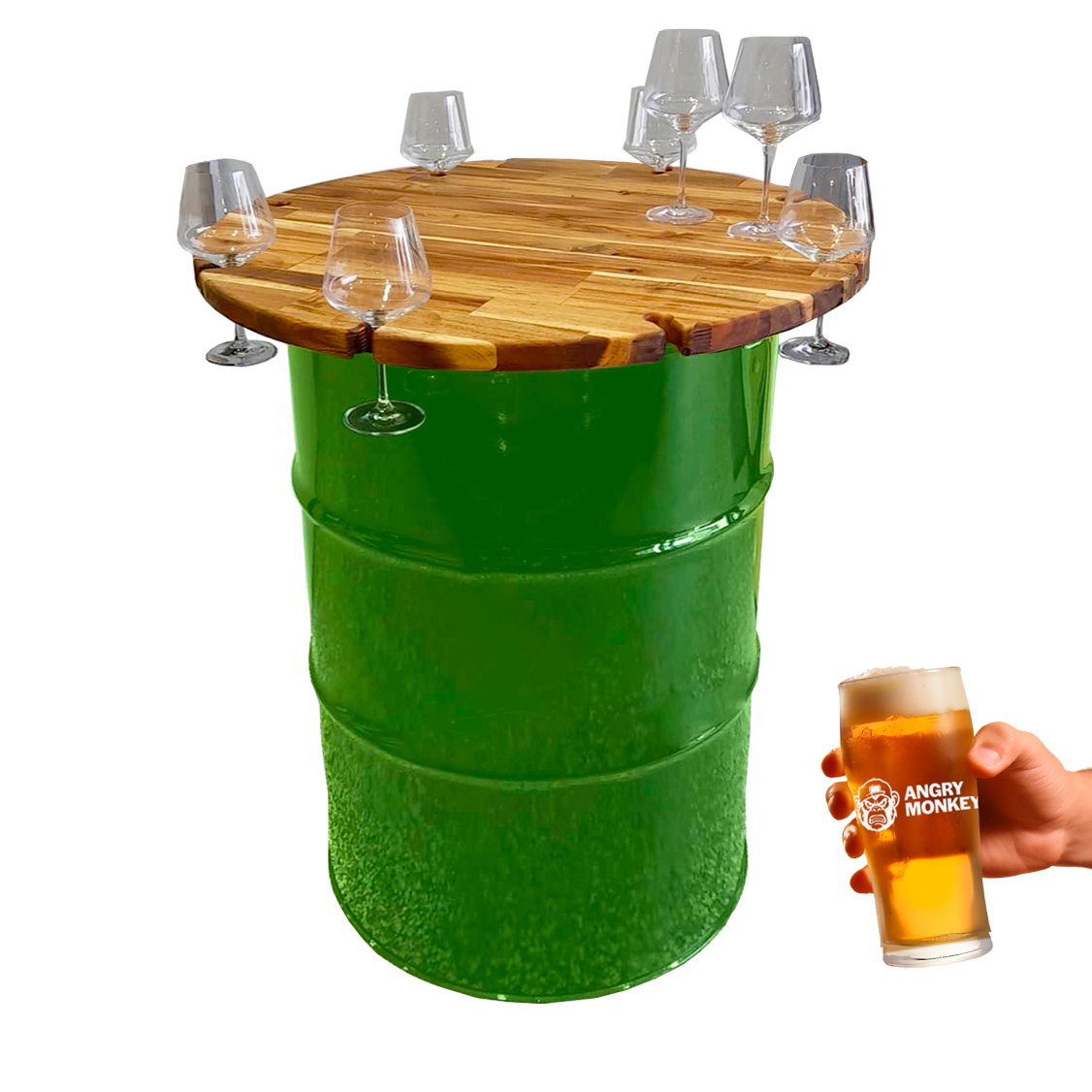 Custom Steel Barrel Table + FREE Angry Monkey Glassware