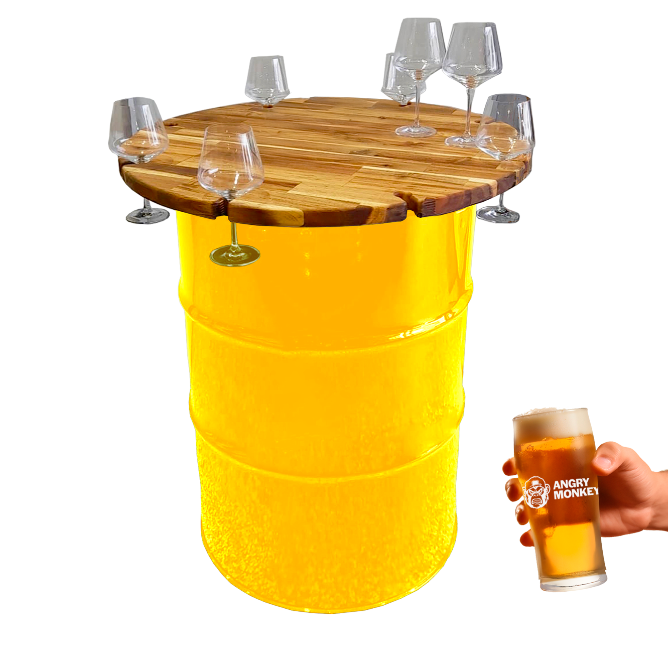 Custom Steel Barrel Table + FREE Angry Monkey Glassware